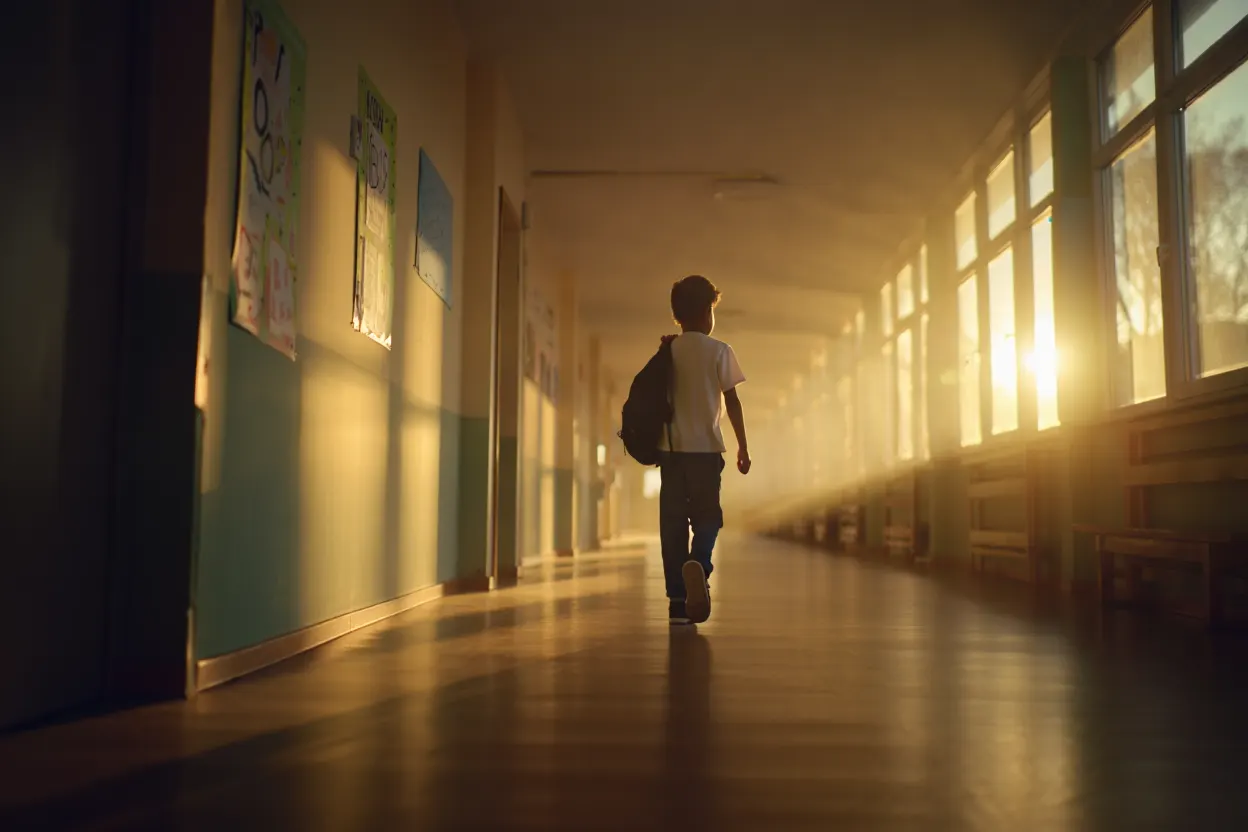 Child walking through a sunlit school corridor